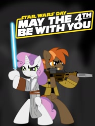 Size: 776x1030 | Tagged: safe, artist:ejlightning007arts, character:button mash, character:sweetie belle, blaster, crossover, energy weapon, gun, lightsaber, may the fourth be with you, poster, standing, star wars, weapon
