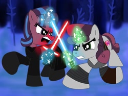 Size: 1032x774 | Tagged: safe, artist:ejlightning007arts, character:starlight glimmer, character:sweetie belle, crossover, dark, duel, kylo ren, lightsaber, rey, snow, star wars, star wars: the force awakens, tree, weapon
