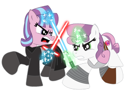 Size: 1032x774 | Tagged: safe, artist:ejlightning007arts, character:starlight glimmer, character:sweetie belle, crossover, duel, kylo ren, lightsaber, rey, simple background, star wars, star wars: the force awakens, transparent background, vector, weapon