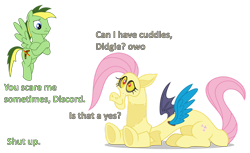 Size: 1280x781 | Tagged: safe, artist:didgereethebrony, character:discord, oc, oc:didgeree, species:pony, awkward, clothing, costume, dialogue, fluttershy suit, owo, simple background, transparent background, uncomfortable