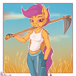 Size: 1200x1200 | Tagged: safe, artist:neko-me, character:scootaloo, species:anthro, species:pegasus, species:pony, apple bloomers, belly button, breasts, busty scootaloo, clothing, female, fingerless gloves, gloves, grin, hay stalk, hoe, looking at you, midriff, older, pants, smiling, solo, straw in mouth, tank top