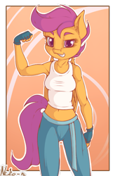 Size: 789x1200 | Tagged: safe, artist:neko-me, character:scootaloo, species:anthro, species:pegasus, species:pony, apple bloomers, armpits, belly button, breasts, busty scootaloo, clothing, female, fingerless gloves, flexing, gloves, looking at you, midriff, older, pants, smiling, smirk, solo, tank top