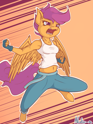 Size: 940x1250 | Tagged: safe, artist:neko-me, character:scootaloo, species:anthro, species:pegasus, species:pony, species:unguligrade anthro, action pose, apple bloomers, armpits, belly button, breasts, busty scootaloo, clothing, female, fingerless gloves, gloves, martial arts, midriff, older, open mouth, pants, solo, tank top