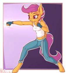 Size: 1083x1200 | Tagged: safe, artist:neko-me, character:scootaloo, species:anthro, species:pegasus, species:pony, species:unguligrade anthro, apple bloomers, belly button, breasts, busty scootaloo, clothing, female, fingerless gloves, gloves, martial arts, midriff, older, pants, punch, solo, sweat, tank top