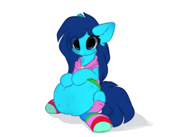 Size: 1062x830 | Tagged: safe, artist:little-sketches, oc, oc only, oc:cirrus updraft, species:pegasus, species:pony, belly, blushing, chest fluff, clothing, cute, eye clipping through hair, female, fluffy, hoodie, hoof on belly, kicking, mare, pregnant, rainbow socks, simple background, sitting, socks, solo, striped socks, weapons-grade cute, white background