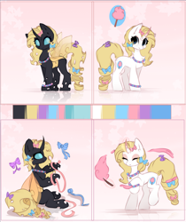 Size: 1921x2286 | Tagged: safe, artist:little-sketches, oc, oc only, oc:decora, species:changeling, species:pony, species:unicorn, bow, changeling oc, cotton candy, curved horn, disguise, disguised changeling, duality, female, food, hair bow, horn, magic, mare, ribbon, solo, telekinesis