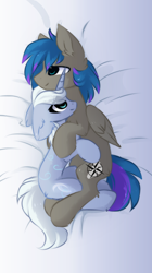 Size: 626x1114 | Tagged: safe, artist:little-sketches, oc, oc only, oc:laconic nocturne, oc:moonbow, species:pegasus, species:pony, species:unicorn, bed, cuddling, cute, eye clipping through hair, female, happy, male, mare, snuggling, stallion