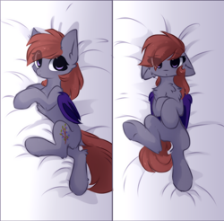 Size: 1038x1022 | Tagged: safe, artist:little-sketches, oc, oc only, oc:lukida, species:bat pony, species:pony, :o, body pillow, body pillow design, chest fluff, cute, dock, ear fluff, eye clipping through hair, featureless crotch, female, floppy ears, fluffy, frown, glare, grumpy, leg fluff, legs in air, looking at you, looking back, looking back at you, madorable, mare, on back, on side, open mouth, solo, underhoof