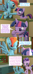 Size: 1920x4320 | Tagged: safe, artist:red4567, character:rainbow dash, character:starlight glimmer, character:twilight sparkle, character:twilight sparkle (alicorn), species:alicorn, species:pony, 3d, coccinellidaephobia, comic, ladybug, laughing, prank, rainbow douche, source filmmaker, twilight hates ladybugs