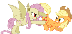 Size: 1280x611 | Tagged: safe, artist:porygon2z, artist:rozyfly10, character:applejack, character:flutterbat, character:fluttershy, species:bat pony, species:earth pony, species:pony, ship:appleshy, apple, bat ponified, bat wings, fangs, female, food, lesbian, mare, open mouth, race swap, red eyes, scared, shipping, simple background, that pony sure does love apples, this will end in pain, transparent background, wings
