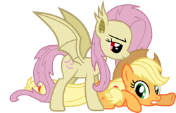 Size: 1118x714 | Tagged: safe, artist:porygon2z, artist:rozyfly10, character:applejack, character:flutterbat, character:fluttershy, species:bat pony, species:earth pony, species:pony, ship:appleshy, bat ponified, bat wings, bedroom eyes, fangs, female, lesbian, lidded eyes, lying down, mare, pinned, pinned down, race swap, red eyes, shipping, simple background, smiling, smirk, transparent background, wings