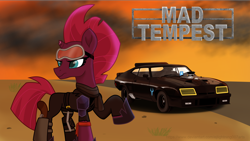 Size: 4592x2597 | Tagged: safe, artist:ejlightning007arts, character:tempest shadow, badass, car, crossover, female, ford falcon, goggles, gun, holster, interceptor, mad max, solo, wallpaper, wasteland, weapon