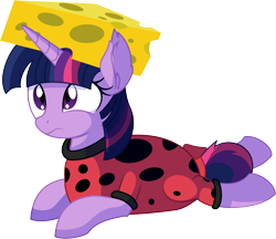 Size: 7156x6197 | Tagged: safe, artist:cyanlightning, character:twilight sparkle, species:alicorn, species:pony, .svg available, absurd resolution, animal costume, cheese, cheese hat, cheesehead, clothing, coccinellidaephobia, costume, cute, ear fluff, ear tufts, female, food, frown, hat, internal screaming, ladybug, looking up, mare, prone, sad, sadorable, scared, simple background, solo, they're just so cheesy, this will not end well, transparent background, turophobia, twiabetes, twilight hates ladybugs, vector, wat