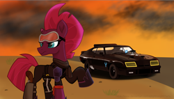 Size: 4588x2597 | Tagged: safe, alternate version, artist:ejlightning007arts, character:tempest shadow, badass, car, crossover, female, ford falcon, goggles, gun, holster, interceptor, mad max, solo, textless, wallpaper, wasteland, weapon