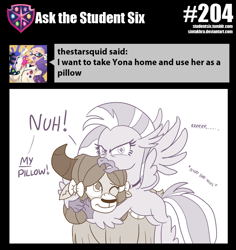 Size: 800x849 | Tagged: safe, artist:sintakhra, character:silverstream, character:yona, species:classical hippogriff, species:hippogriff, species:yak, tumblr:studentsix, angry, ask, bow, cute, diastreamies, duo, female, hair bow, hug, madorable, simple background, tumblr, white background, yonadorable