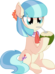 Size: 5751x7644 | Tagged: safe, artist:cyanlightning, character:coco pommel, species:earth pony, species:pony, .svg available, absurd resolution, clothing, cocobetes, coconut, coconut cup, cute, drinking, drinking straw, ear fluff, female, food, mare, pun, simple background, sitting, solo, straw, transparent background, vector, visual gag