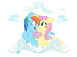 Size: 893x666 | Tagged: safe, artist:chub-wub, edit, character:fluttershy, character:rainbow dash, species:pegasus, species:pony, ship:flutterdash, blushing, cloud, female, lesbian, mare, shipping, smiling