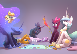 Size: 3508x2480 | Tagged: safe, artist:underpable, character:carrot top, character:fizzlepop berrytwist, character:golden harvest, character:philomena, character:princess celestia, character:princess luna, character:starlight glimmer, character:tempest shadow, oc, oc:flint, species:alicorn, species:earth pony, species:phoenix, species:pony, species:unicorn, broken horn, commission, curved horn, ethereal mane, female, galaxy mane, hoof shoes, horn, impossibly large mane, monopoly, mouth hold, royal sisters, smiling, this will end in banishment, tongue out