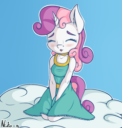 Size: 1141x1200 | Tagged: safe, artist:neko-me, character:sweetie belle, species:anthro, apple bloomers, blep, blushing, breasts, busty sweetie belle, clothing, cloud, dress, eyes closed, female, filly, older, silly, solo, tongue out