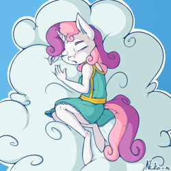Size: 1200x1200 | Tagged: safe, artist:neko-me, character:sweetie belle, species:anthro, apple bloomers, breasts, busty sweetie belle, clothing, cloud, dress, eyes closed, female, filly, lying on a cloud, older, sleeping