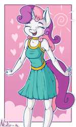 Size: 721x1200 | Tagged: safe, artist:neko-me, character:sweetie belle, species:anthro, apple bloomers, breasts, busty sweetie belle, clothing, cute, diasweetes, dress, ear fluff, eyes closed, female, filly, older, open mouth, smiling