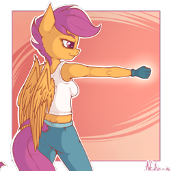 Size: 1200x1200 | Tagged: safe, artist:neko-me, character:scootaloo, species:anthro, species:pegasus, species:pony, apple bloomers, breasts, busty scootaloo, clothing, cute, cutealoo, female, filly, gloves, midriff, older, pants, profile, solo, tank top