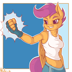 Size: 1200x1200 | Tagged: safe, artist:neko-me, character:scootaloo, species:anthro, species:pegasus, species:pony, apple bloomers, belly button, breasts, busty scootaloo, clothing, cute, cutealoo, ear fluff, female, filly, fingerless gloves, fist, gloves, midriff, older, pants, solo, tank top, wing fluff