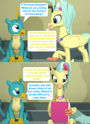 Size: 1575x2160 | Tagged: safe, artist:red4567, character:gallus, character:princess skystar, species:classical hippogriff, species:griffon, species:hippogriff, my little pony: the movie (2017), 3d, comic, dialogue, duo, female, implied silverstream, male, notebook, source filmmaker, speech bubble, stairs, substitute, that hippogriff sure does love stairs