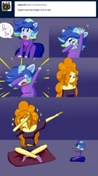 Size: 2000x3566 | Tagged: safe, artist:jake heritagu, character:adagio dazzle, oc, oc:sparkling sapphire, parent:sci-twi, parent:sunset shimmer, parents:scitwishimmer, comic:aria's archives, my little pony:equestria girls, baby, babysitting, clothing, comic, dab, grimdark series, magical lesbian spawn, midriff, offspring, pony ears, questionable series