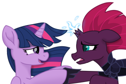 Size: 8428x5633 | Tagged: safe, artist:ejlightning007arts, character:tempest shadow, character:twilight sparkle, character:twilight sparkle (alicorn), species:alicorn, species:pony, ship:tempestlight, my little pony: the movie (2017), broken horn, cute, emotions, female, holding hooves, horn, lesbian, looking at each other, shipping, simple background, transparent background, vector