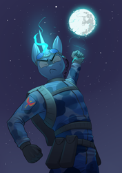 Size: 2480x3508 | Tagged: safe, artist:underpable, oc, oc:flint, species:anthro, species:unicorn, angry, anthro oc, clothing, commission, electricity, full moon, gloves, glowing hands, glowing horn, goggles, looking at you, magic, magic aura, mare in the moon, moon, night, solo, stars