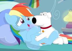 Size: 3541x2515 | Tagged: safe, artist:porygon2z, character:rainbow dash, species:dog, species:pegasus, species:pony, bed, brian griffin, crack shipping, crossover, crossover shipping, cursed image, family guy, female, male, mare, on back, palindrome get, shipping, wat, why