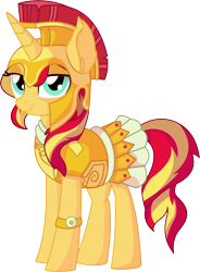 Size: 5567x7552 | Tagged: safe, artist:cyanlightning, character:sunset shimmer, species:pony, species:unicorn, episode:scare master, g4, my little pony: friendship is magic, absurd resolution, armor, armor skirt, athena, clothing, costume, female, looking at you, mare, nightmare night, nightmare night costume, simple background, skirt, smiling, smug, smugset shimmer, solo, transparent background, vector