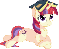 Size: 7195x5918 | Tagged: safe, artist:cyanlightning, character:moondancer, species:pony, species:unicorn, .svg available, absurd resolution, book, book hat, chest fluff, confused, cute, dancerbetes, ear fluff, ear tufts, female, frown, looking up, mare, messy mane, prone, raised eyebrow, simple background, sitting, solo, transparent background, vector, wings, worried