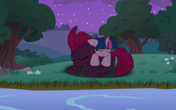 Size: 5253x3297 | Tagged: safe, artist:ejlightning007arts, character:fizzlepop berrytwist, character:tempest shadow, character:twilight sparkle, ship:tempestlight, my little pony: the movie (2017), cute, female, flower, lake, lesbian, lying down, night, shipping, sleeping, tempestbetes, tree, twiabetes