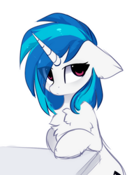 Size: 568x738 | Tagged: safe, artist:little-sketches, character:dj pon-3, character:vinyl scratch, species:pony, species:unicorn, bored, chest fluff, cute, eye clipping through hair, female, simple background, solo, vinylbetes, white background