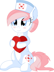 Size: 5622x7436 | Tagged: safe, artist:cyanlightning, character:nurse redheart, species:earth pony, species:pony, .svg available, absurd resolution, blushing, clothing, cute, ear fluff, female, hat, heart, heartabetes, holding, mare, nurse hat, pillow, pun, simple background, sitting, smiling, solo, transparent background, vector, visual gag