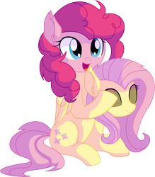 Size: 6230x7098 | Tagged: safe, artist:cyanlightning, character:fluttershy, character:pinkie pie, species:earth pony, species:pegasus, species:pony, episode:the crystal empire, g4, my little pony: friendship is magic, spoiler:s03, .svg available, absurd resolution, adoracreepy, clothing, costume, creepy, cute, disguise, ear fluff, female, fluttershy suit, folded wings, mare, mask, masking, open mouth, pinkie being pinkie, pony costume, ponysuit, simple background, sitting, smiling, solo, transparent background, vector, voice actor joke, wings