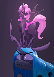 Size: 2480x3508 | Tagged: safe, artist:underpable, character:queen chrysalis, oc, species:changeling, angry, blushing, changeling oc, changeling queen, changeling queen oc, commission, cross-popping veins, cute, cuteling, dawwww, duo, duo female, eyes closed, female, frown, glare, gradient background, gray background, high res, micro, ocbetes, open mouth, pink changeling, profile, simple background, singing, smiling, spotlight, tongue out, wavy mouth, wide eyes