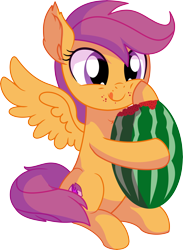 Size: 5815x7950 | Tagged: safe, artist:cyanlightning, character:scootaloo, species:pegasus, species:pony, .svg available, absurd resolution, chest fluff, cute, cutealoo, ear fluff, eating, female, filly, food, hair, simple background, sitting, solo, tongue out, transparent background, vector, watermelon