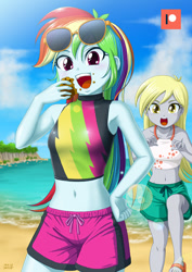 Size: 707x1000 | Tagged: safe, artist:uotapo, character:derpy hooves, character:rainbow dash, g4, my little pony: equestria girls, my little pony:equestria girls, armpits, beach, belly button, clothing, cloud, cute, dashabetes, derpabetes, eating, feet, female, food, hand on hip, midriff, muffin, ocean, open mouth, patreon, patreon logo, sand, sandals, shorts, sky, sunglasses, swimsuit, this will end in muffins, water