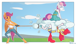 Size: 2100x1200 | Tagged: safe, artist:neko-me, character:apple bloom, character:scootaloo, character:sweetie belle, species:anthro, species:pegasus, species:pony, species:unguligrade anthro, apple bloom's bow, apple bloomers, bandeau, bow, breasts, busty scootaloo, busty sweetie belle, clinging, clothing, cloud, cutie mark crusaders, dress, evening gloves, eyes closed, female, fingerless gloves, gloves, hair bow, lasso, long gloves, midriff, older, pants, pulling, rope, scrunchy face, shorts, sitting, smiling, stockings, tank top, thigh highs