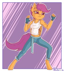 Size: 1073x1200 | Tagged: safe, artist:neko-me, character:scootaloo, species:anthro, species:pegasus, species:pony, species:unguligrade anthro, action pose, apple bloomers, breasts, busty scootaloo, clothing, female, fingerless gloves, gloves, midriff, older, pants, smiling, solo, tank top