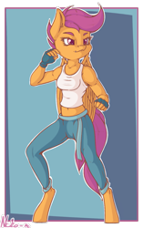 Size: 753x1200 | Tagged: safe, artist:neko-me, character:scootaloo, species:anthro, species:pegasus, species:pony, species:unguligrade anthro, apple bloomers, belly button, breasts, busty scootaloo, clothing, female, fingerless gloves, gloves, midriff, older, pants, smiling, solo, tank top