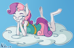 Size: 1200x787 | Tagged: safe, artist:neko-me, character:sweetie belle, species:anthro, species:unguligrade anthro, breasts, busty sweetie belle, clothing, cloud, dress, eyes closed, female, lying on a cloud, older, smiling, solo, underhoof