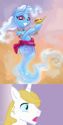 Size: 1024x2030 | Tagged: safe, artist:kp-shadowsquirrel, edit, character:prince blueblood, character:trixie, species:pony, species:unicorn, ship:bluetrix, armband, bracelet, collar, ear piercing, female, floating, genie, jewelry, lamp, male, mare, necklace, piercing, shipping, shipping domino, shoulder fluff, smiling, stallion, straight, waistband