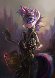 Size: 1000x1401 | Tagged: safe, artist:bloodrizer, artist:trollie trollenberg, character:twilight sparkle, species:anthro, species:pony, species:unicorn, belt, bodysuit, book, dystopia, eyepatch, female, future twilight, headband, latex, latex suit, messy mane, no time to explain, rubber, ruins, solo, time travel