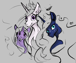 Size: 3000x2500 | Tagged: safe, artist:greyscaleart, character:princess celestia, character:princess luna, character:twilight sparkle, species:alicorn, species:pony, constellation, constellation freckles, female, freckles, frown, gray background, grin, head tilt, long mane, looking at you, mare, partial color, raised eyebrow, simple background, sketch, smiling, wide eyes