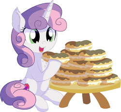 Size: 7017x6479 | Tagged: safe, artist:cyanlightning, character:sweetie belle, species:pony, species:unicorn, .svg available, absurd resolution, chest fluff, cute, cutie mark, diasweetes, ear fluff, eating, eclair, female, filly, food, hair, open mouth, simple background, sitting, solo, table, the cmc's cutie marks, this will end in weight gain, transparent background, vector