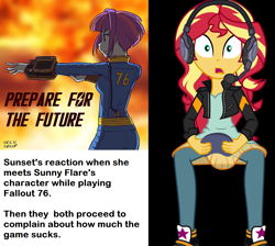 Size: 1464x1312 | Tagged: safe, artist:uotapo, character:sunny flare, character:sunset shimmer, episode:game stream, g4, my little pony: equestria girls, my little pony:equestria girls, spoiler:eqg series (season 2), fallout, fallout 76, gamer sunset, pipboy, sunny flare's wrist devices, text